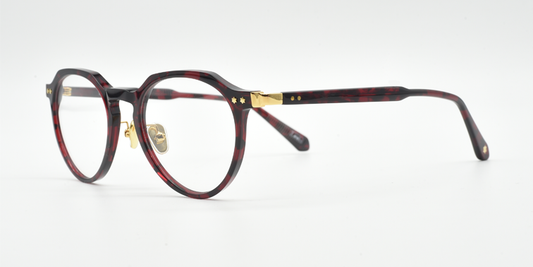 red an black coloured round retro style frame side view showing two gold coloured stars by the arms