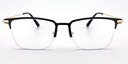 black rectangular half rimless frame glasses. Front view with gold detail