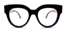 Large moulded, all-in-one, black frame glasses housing round lens. Front view