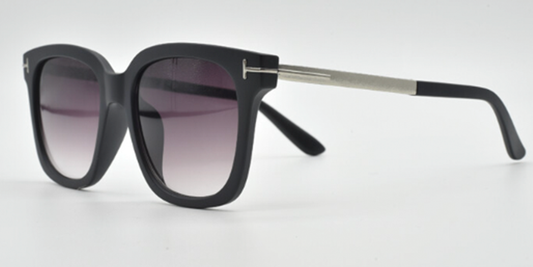 side view of black rectangular rounded frame with tinted lenses. Silver embellishments at the hinges and silver colour arms