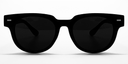 black curved square frame glasses with very dark lenses, Front view showing small silver colour detail close to the hinges. All-in-one acetate frame.