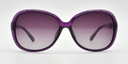 Front view, large rounded rectangular purple frame with tinted lenses