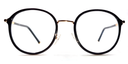 Front view of round retro-style black frame with gold coloured bridge