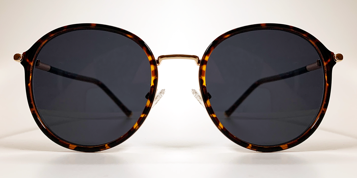 front view of round retro-style tortoiseshell frame with gold coloured bridge and gold embellishments