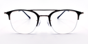 front view round half rimless glasses. Black with gold coloured bridge and hinge accents.