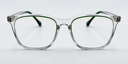 Clear with a hint of green. Front facing rounded rectangular lenses.