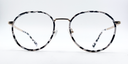 black and white round retro-style frame. Front view showing gold coloured bridge