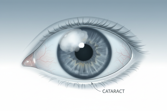 Close-up illustration of a human eye showing a cloudy lens caused by a cataract