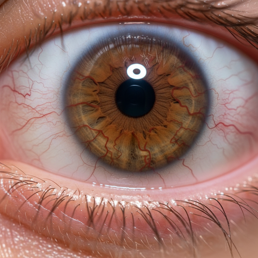 Close-up of a bloodshot eye showing red irritated blood vessels on the white of the eye