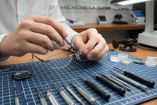 Close-up of an optician using a precision screwdriver to repair a pair of glasses on a professional repair mat, with small tools arranged nearby