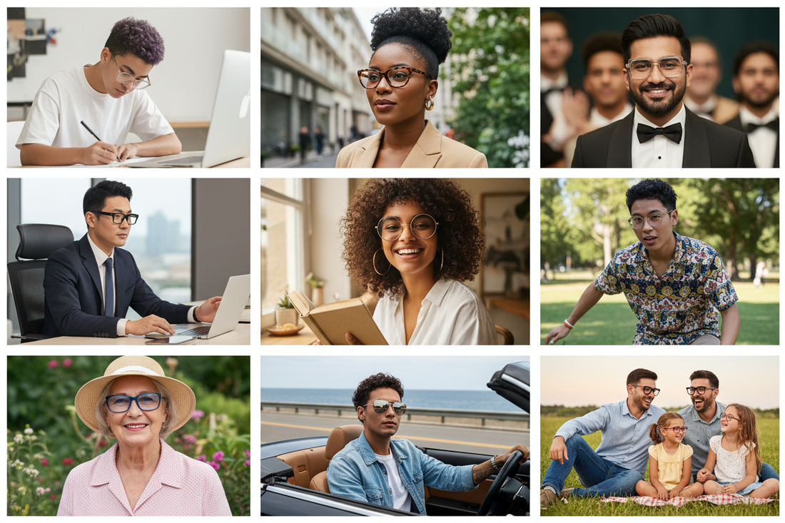 diverse group of people wearing a variety of frame styles across different settings — office, casual, outdoor, and formal