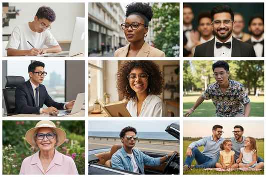 diverse group of people wearing a variety of frame styles across different settings — office, casual, outdoor, and formal