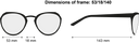 illustration drawing showing the size of the frame: lens 53mm, bridge 18mm, length of arm 143

