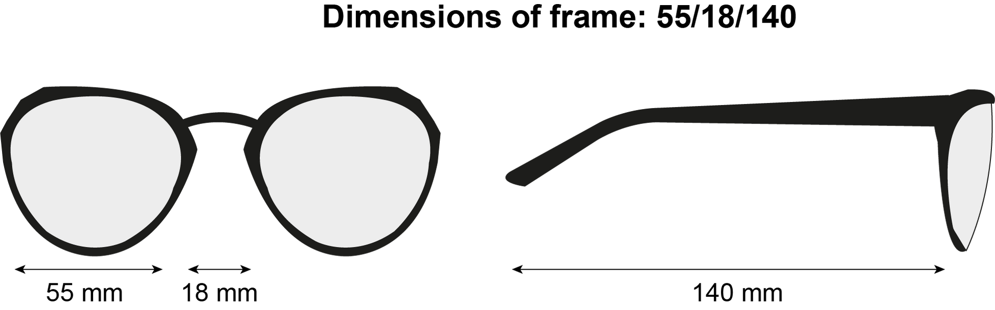 illustration drawing showng the size of the frame: lens 55mm, bridge 18mm, length of arm 140