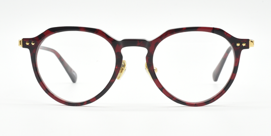 red an black coloured round retro style frame front view showing two gold coloured stars by the arms