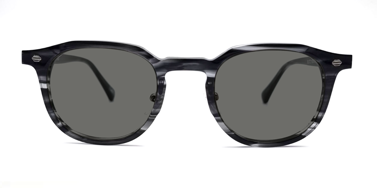 grey marble effect round frame with silver highlights towards the hinges. front view with tinted lenses