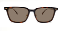 brown rectangular frame. Front view showing tinted lenses andsmall gold detail close to the hinges. 