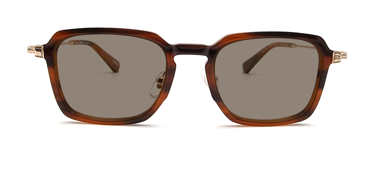 Rectangular tortoiseshell frame glasses. front view. Gold coloured hinge highlights showing tinted lenses