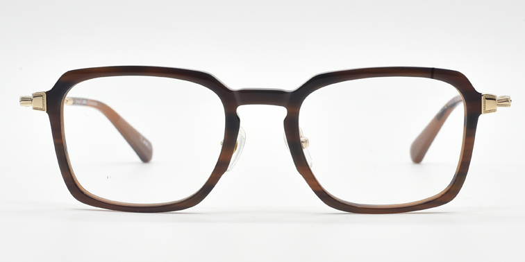 Rectangular tortoiseshell frame glasses. front vies. Gold coloured hinge highlights