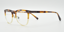 side view rounded brown tortoiseshell to clear frame glasses showing silver coloured detail on the hinge and arm