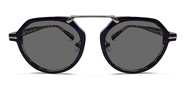 blue/black frame with silver colour bridge. front view octagonal frame with round tinted lenses.