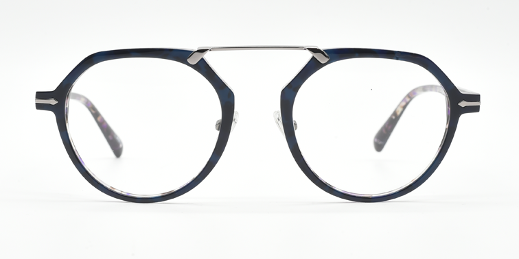 blue/black/purple frame with silver colour bridge. front view octagonal frame with round lenses.