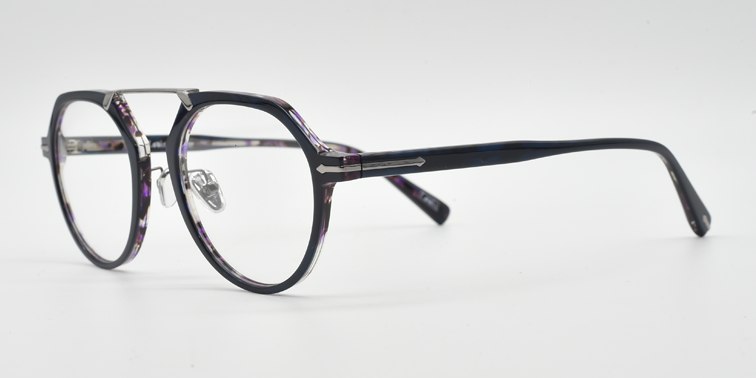 black /purple frame with silver colour bridge. side view octagonal frame with round lenses. silver details on arm close to the hinge
