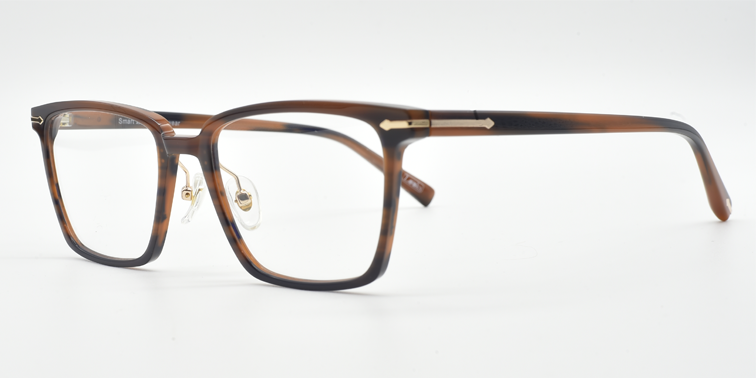 Side view of Rectangular brown tortoiseshell frame glasses with small gold detail close to the hinges and top of the arm