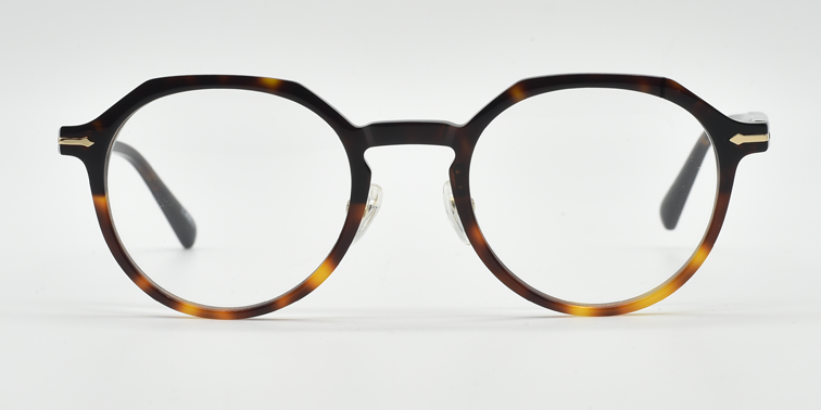 Front view octagonal tortoiseshell frame with rounded lenses and small gold detail close to hinges