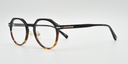 Side view octagonal tortoiseshell frame with rounded lenses and small gold detail close to hinges and top of the arm