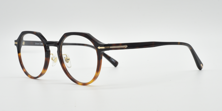 Side view octagonal tortoiseshell frame with rounded lenses and small gold detail close to hinges and top of the arm