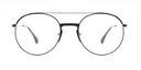 front view of Round, retro-style glasses. Prescription glasses. Black/silver colour. Black bridge with silver coloured arms