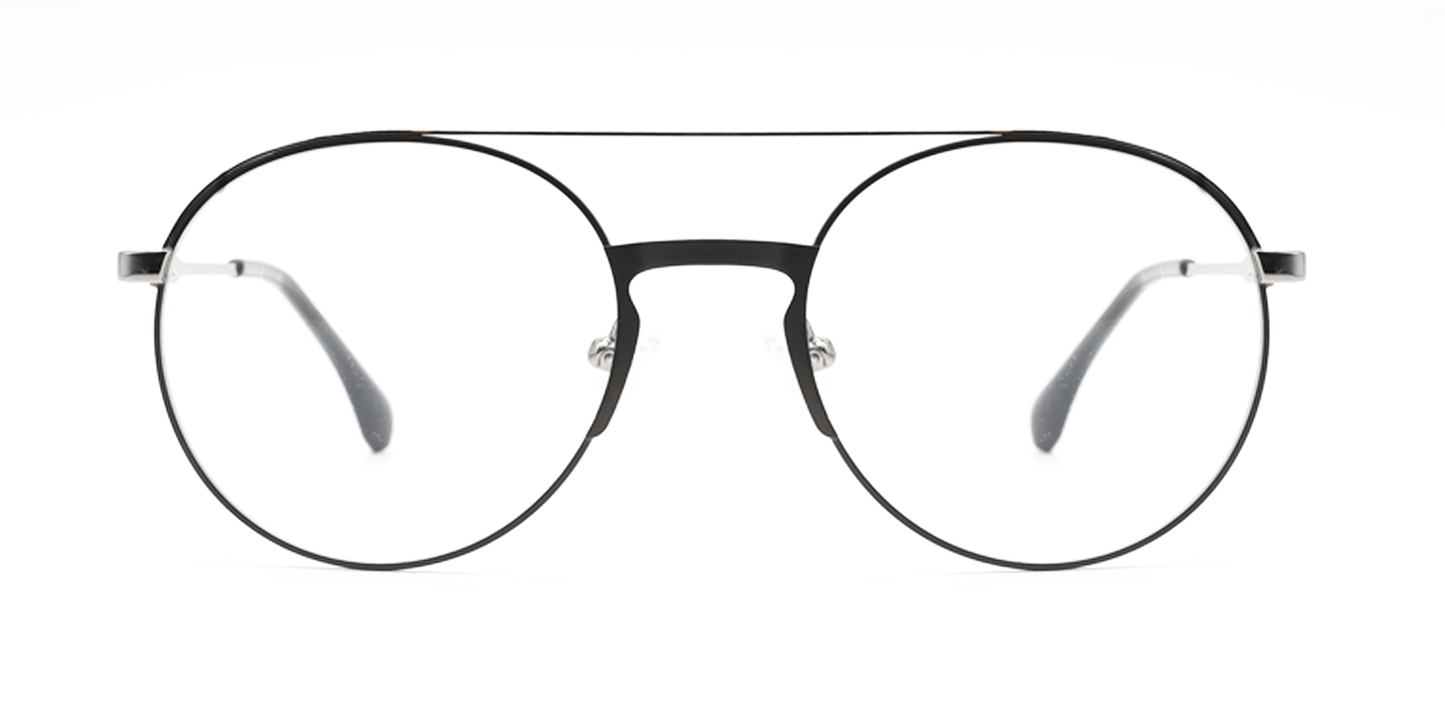 front view of Round, retro-style glasses. Prescription glasses. Black/silver colour. Black bridge with silver coloured arms