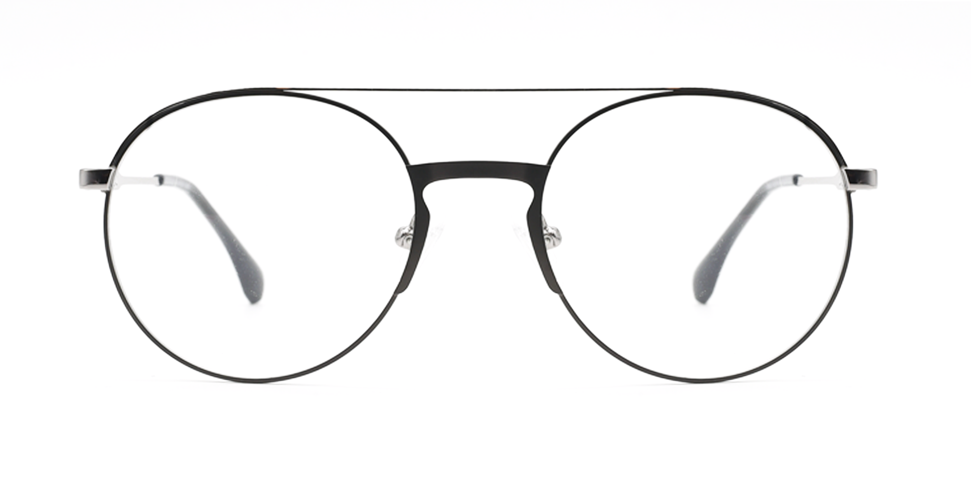 front view of Round, retro-style glasses. Prescription glasses. Black/silver colour. Black bridge with silver coloured arms