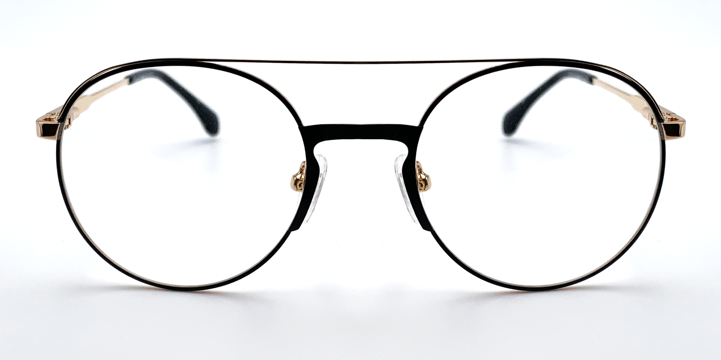 front view of Round, retro-style glasses. Prescription glasses. Black/gold colour. Black bridge with gold coloured arms