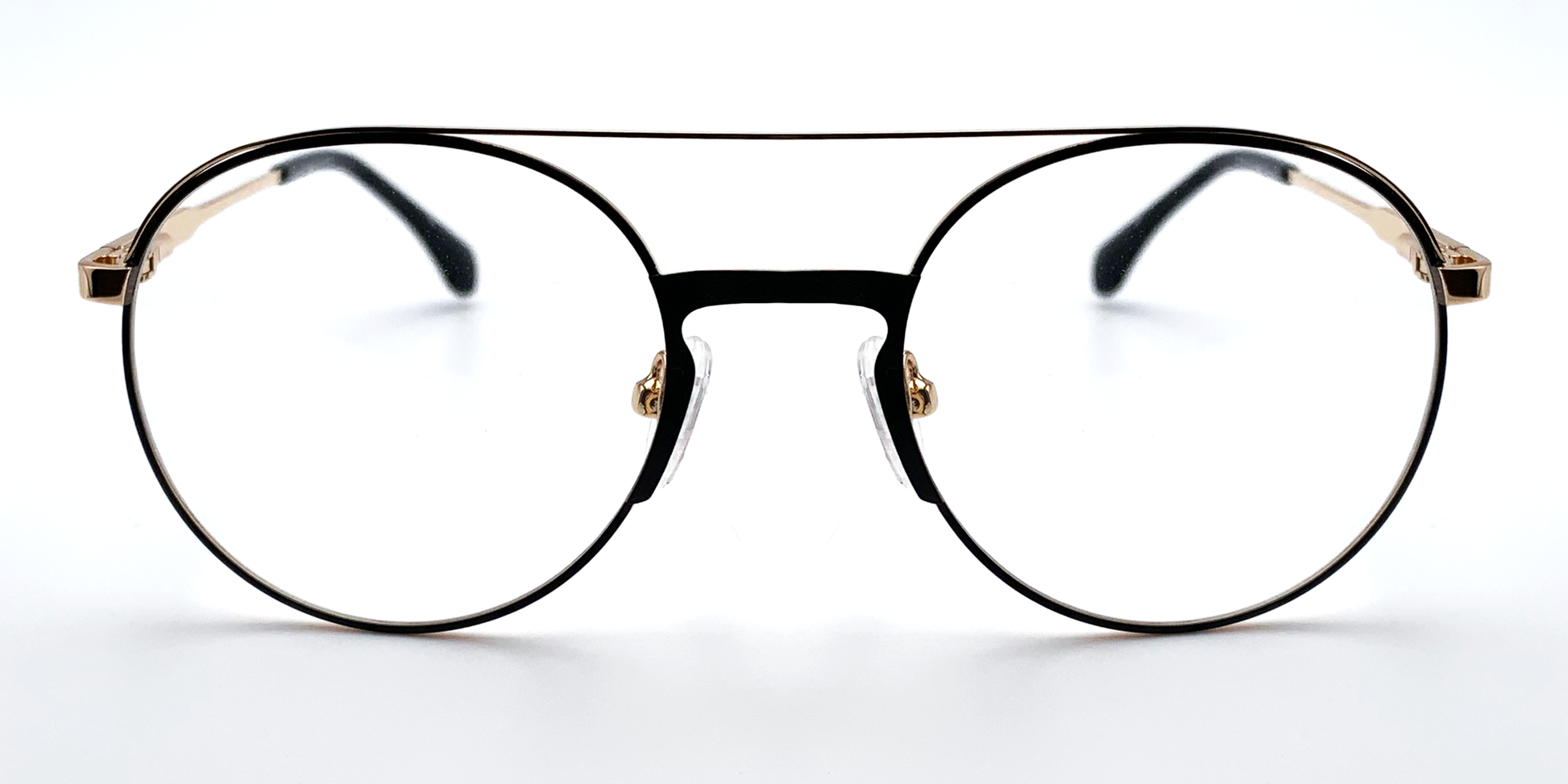 front view of Round, retro-style glasses. Prescription glasses. Black/gold colour. Black bridge with gold coloured arms