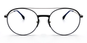 front view of Round, retro-style glasses. Prescription glasses. dark blue/silver colour. blue bridge with silver coloured arms