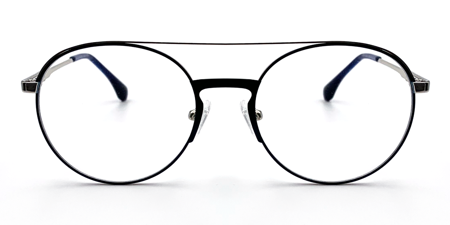 front view of Round, retro-style glasses. Prescription glasses. dark blue/silver colour. blue bridge with silver coloured arms