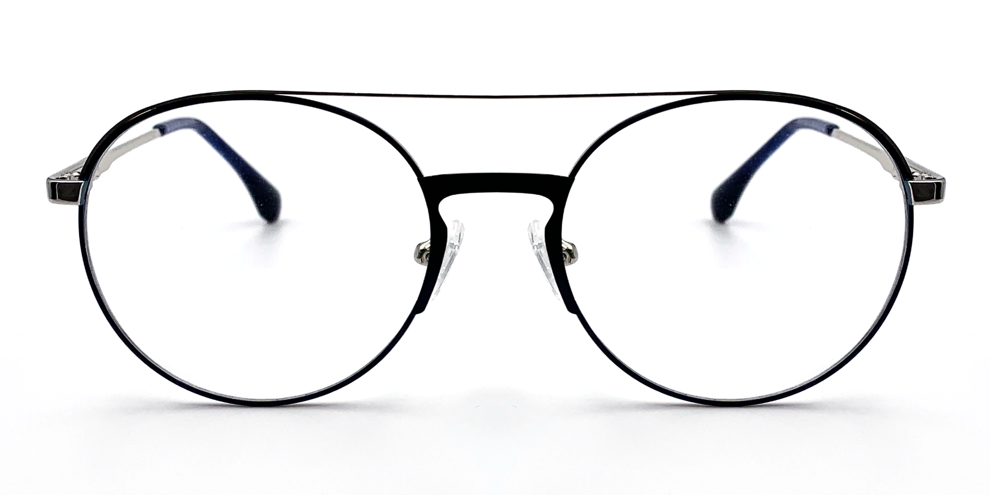 front view of Round, retro-style glasses. Prescription glasses. dark blue/silver colour. blue bridge with silver coloured arms