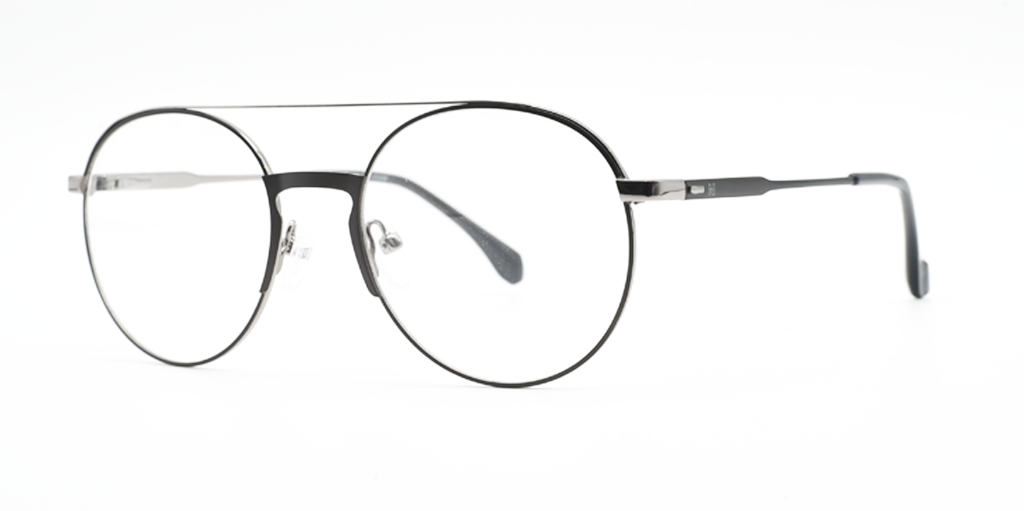 side view of Round, retro-style glasses.  black colour with silver rims and hinges 