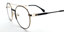 side view of Round, retro-style glasses.  black colour with gold rims and hinges 