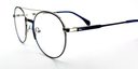 side view of Round, retro-style glasses.  blue colour with silver rims and hinges 