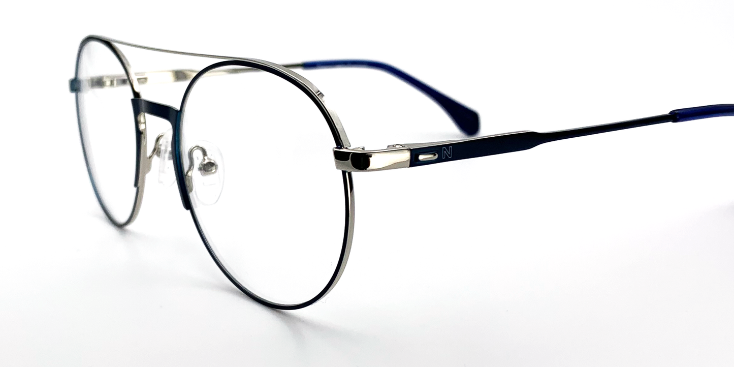 side view of Round, retro-style glasses.  blue colour with silver rims and hinges 
