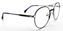 side view of Round, retro-style glasses.  blue colour with silver rims and hinges 