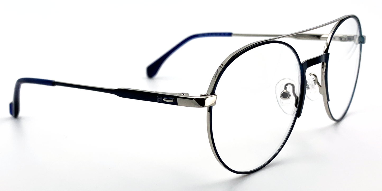 side view of Round, retro-style glasses.  blue colour with silver rims and hinges 