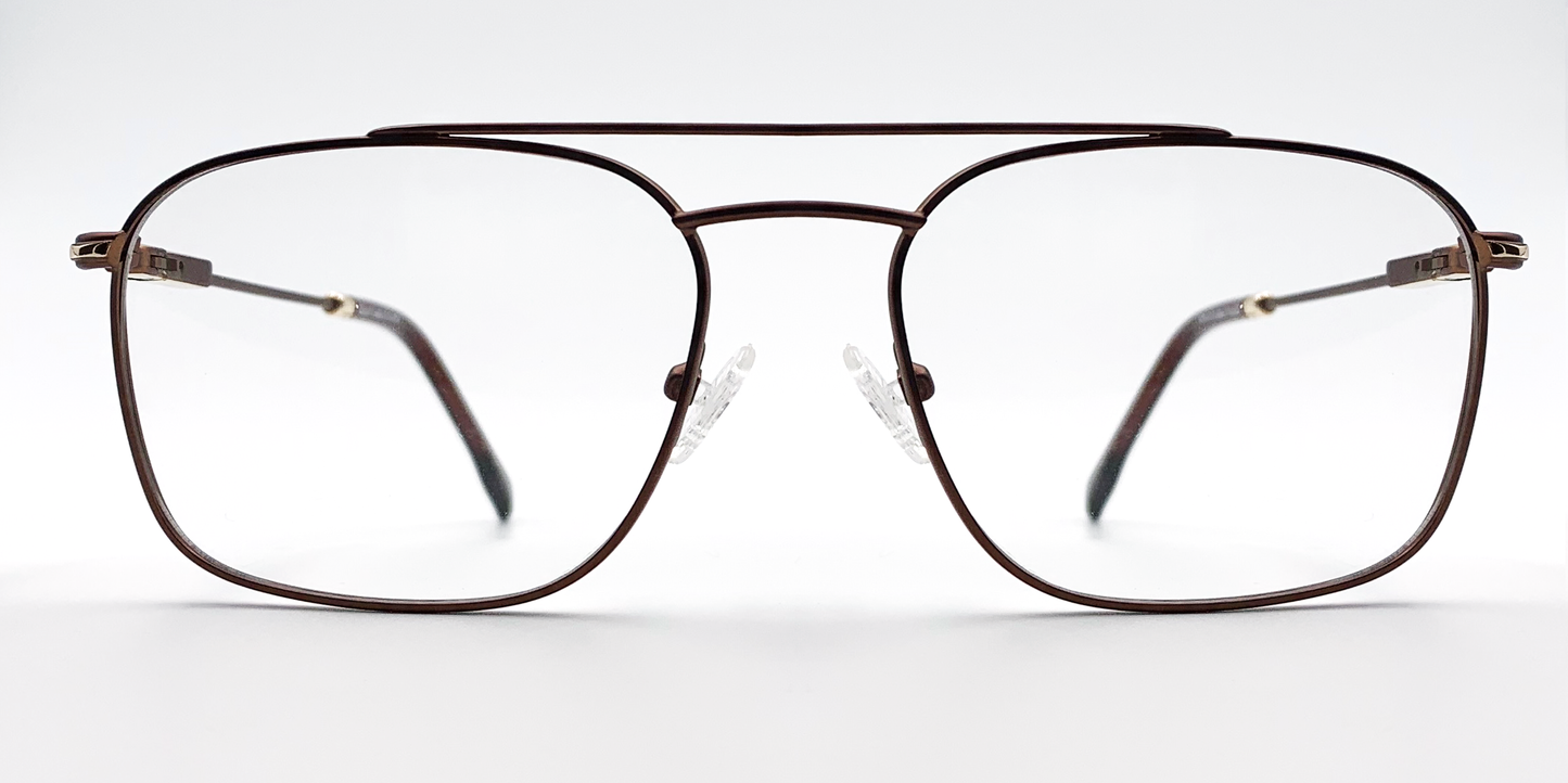 Rectangular brown frame glasses front view. lightweight and stylish