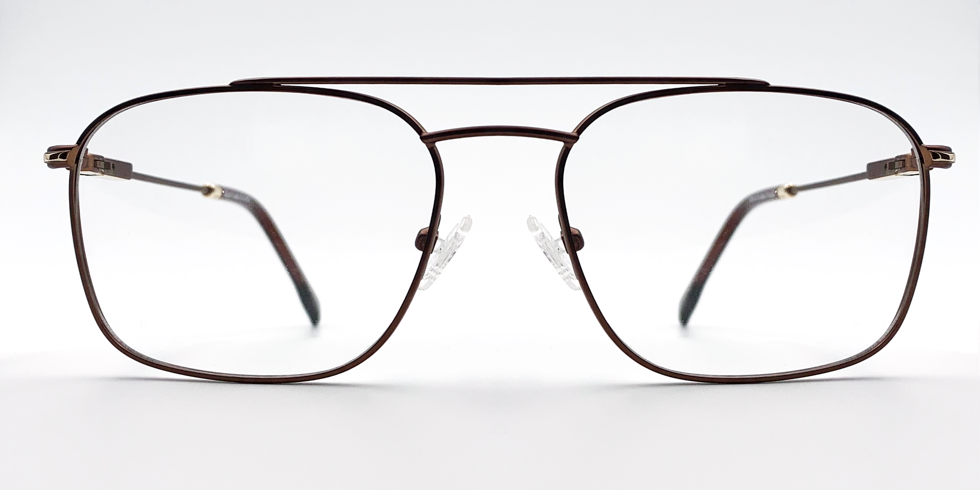 Rectangular brown frame glasses front view. lightweight and stylish