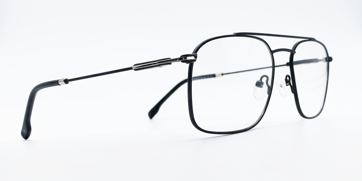 Rectangular black frame glasses showing black details top of the arm  side view. lightweight and stylish