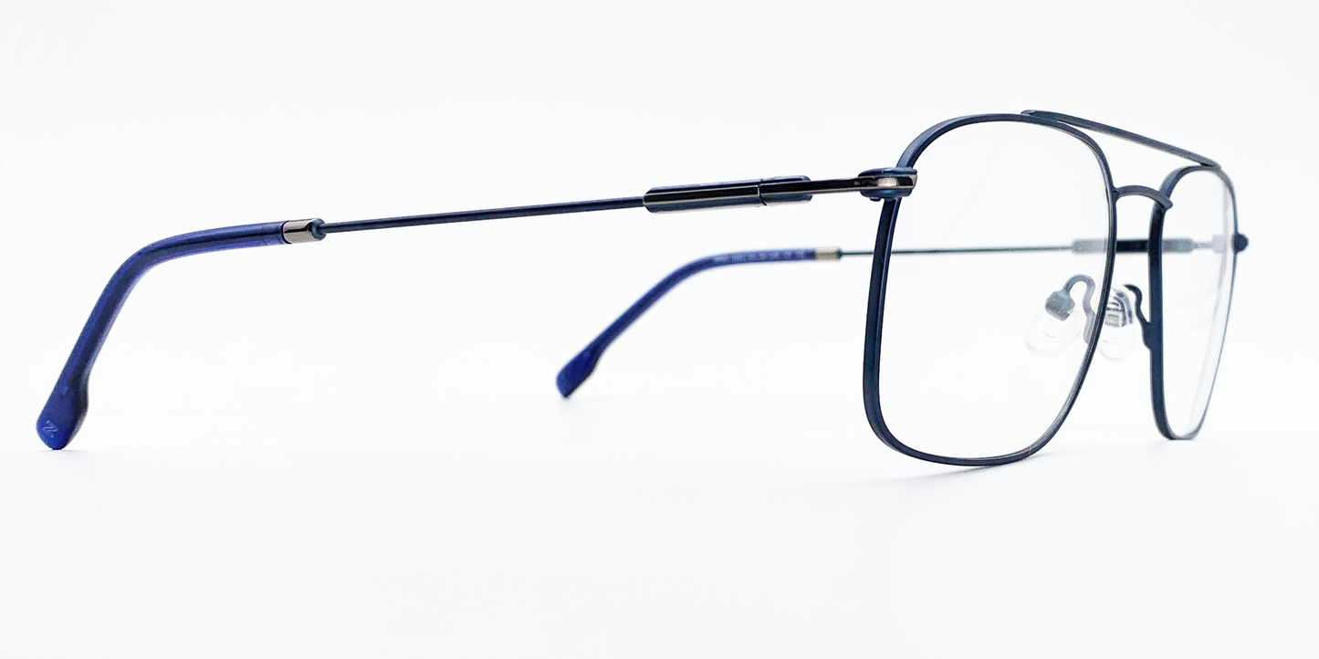 Rectangular blue frame glasses showing silver details top of the arm  side view. lightweight and stylish