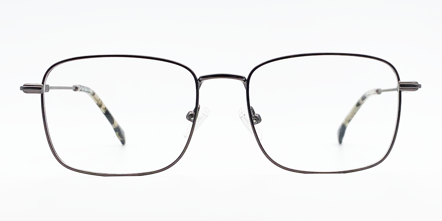 Front view rectangular brown frame glasses with silver colour detail